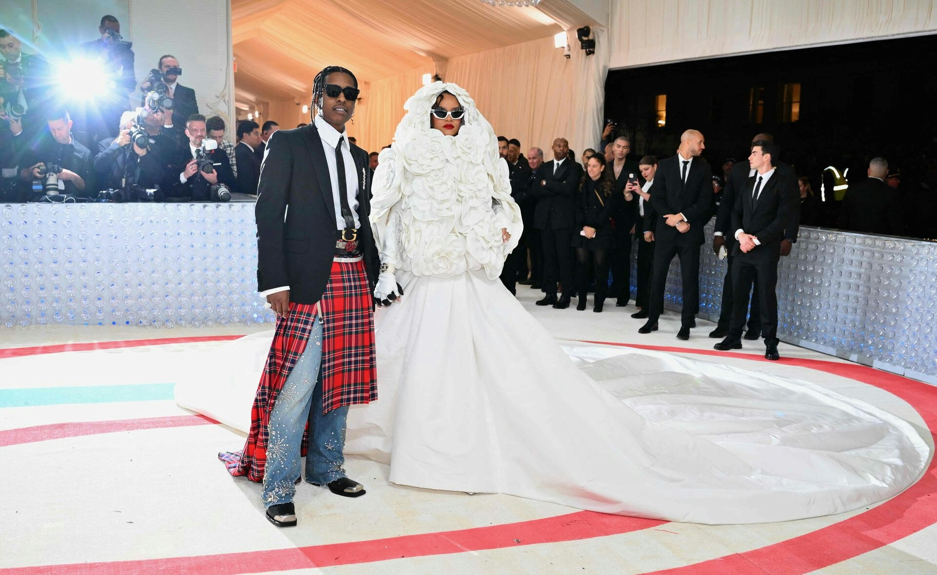 Barbadian singer Rihanna and her partner ASAP Rocky arrive for the 2023 Met Gala at the Metropolitan Museum of Art on May 1, 2023, in New York. - The Gala raises money for the Metropolitan Museum of Art's Costume Institute. The Gala's 2023 theme is "Karl Lagerfeld: A Line of Beauty." (Photo by ANGELA WEISS / AFP)