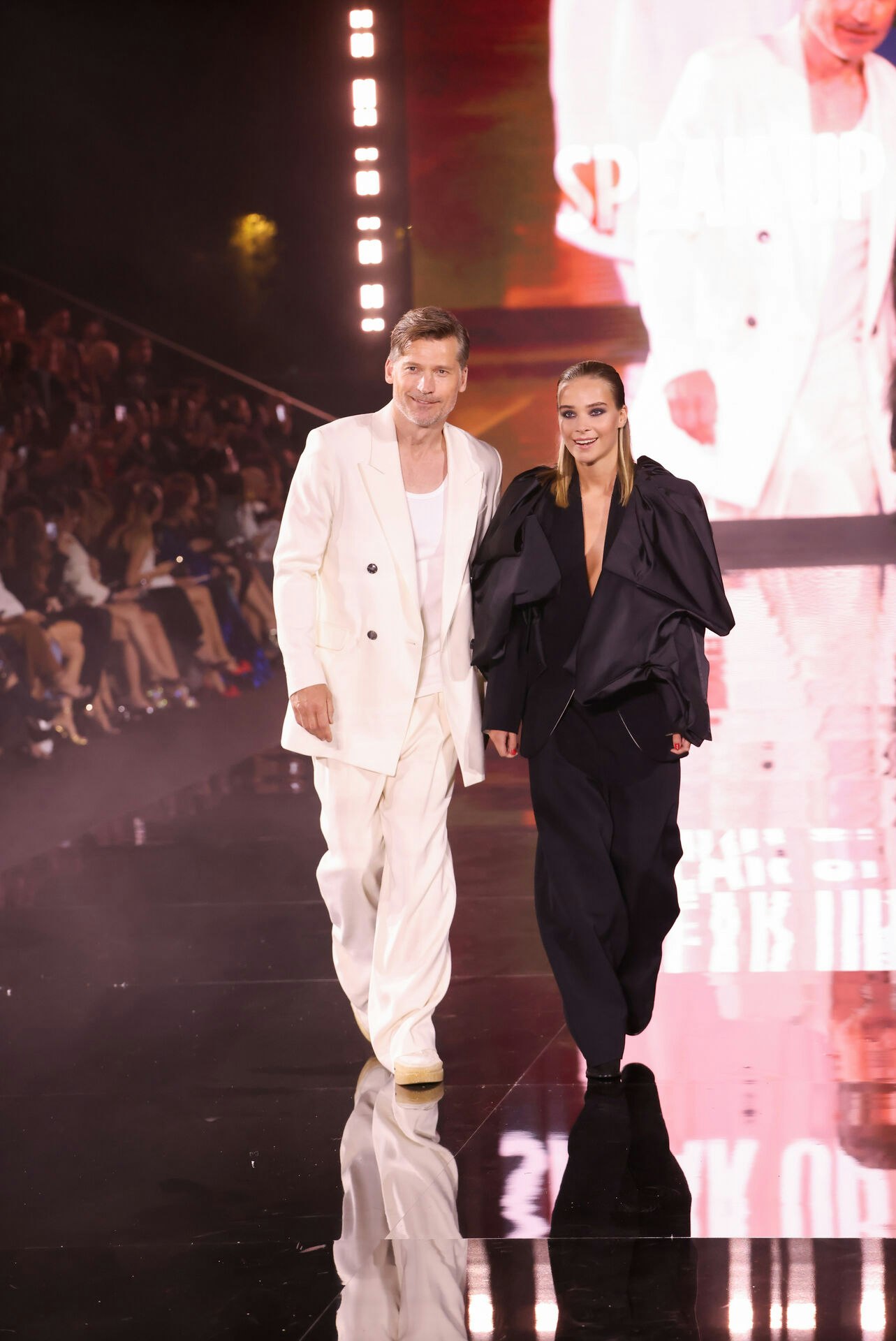 Nikolaj Coster-Waldau and Safina Waldau walk the runway of the Le Défilé L'Oréal Paris - Walk Your Worth during Paris Fashion Week Ready to Wear Spring/Summer 2024 on October 01, 2023 in Paris, France. (Photo by Lyvans Boolaky/ÙPtertainment/Sipa USA)