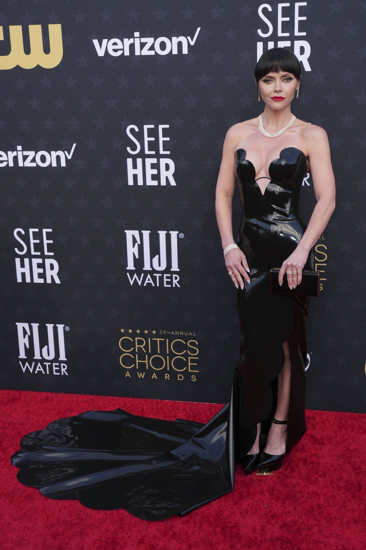Christina Ricci arrives at the 29th Critics Choice Awards on Sunday, Jan. 14, 2024, at the Barker Hangar in Santa Monica, Calif. (Photo by Jordan Strauss/Invision/AP)